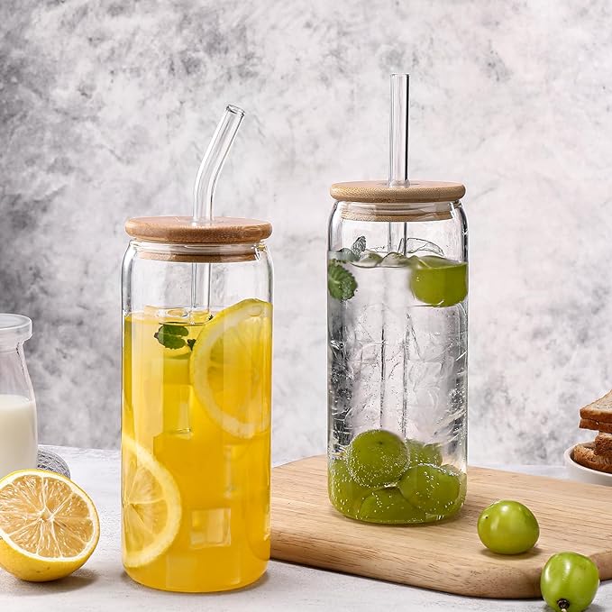 DWTS DANWEITESI Glass Cups “20oz”,Glass Cups with Lids and Straws 4 pcs-Coffee Cups,Drinking Glasses Set,Glass Tumbler with Straw and Lid Gift 2 Cleaning Brushes 600ml