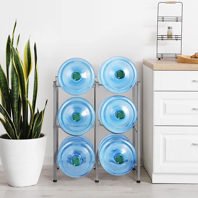 LIANTRAL 5 Gallon Water Bottle Holder, 3 Tiers Silver Double Row Water Rack | Heavy Duty Water Cooler Jug Rack with 6 Slots for Home Kitchen