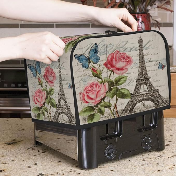 2 Slice Toaster Cover Vintage Paris Rose Toaster Covers Two Slice Wide Slot Waterproof and Dustproof Covers for Wide Slot Toasters and Small Appliances Kitchen Decor Gifts