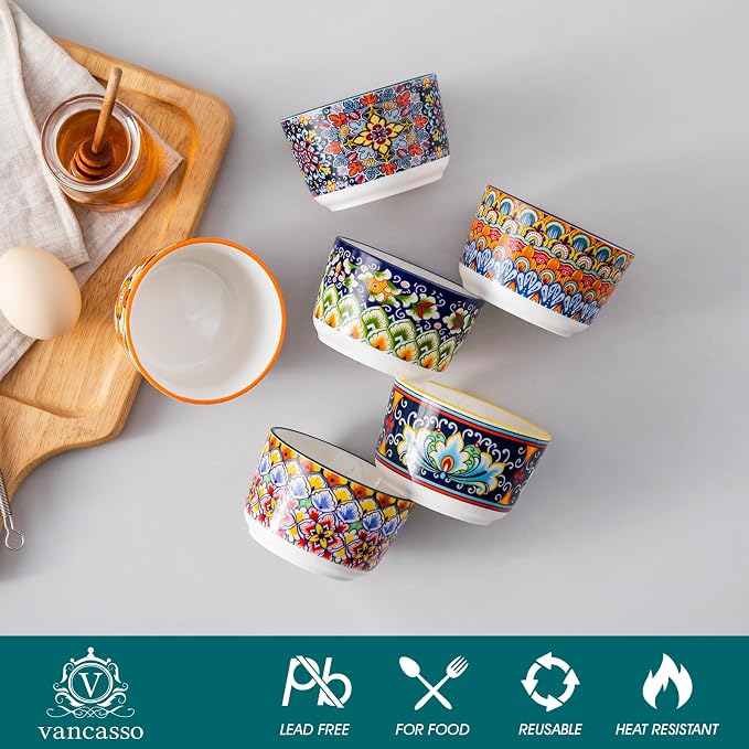 vancasso 6 Oz Ramekins Oven Safe Set of 6, Ceramic Baking Souffle Dishes | Bohemian Ramekins for Creme Brulee, Souffle, Custard, Pudding, Small Bowls for Dipping Sauce, Ice Cream