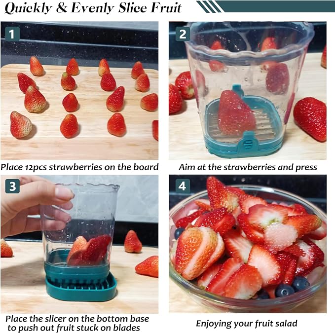 Creative Strawberry Slicer, Detachable Cutter with Push Plate (Teal)