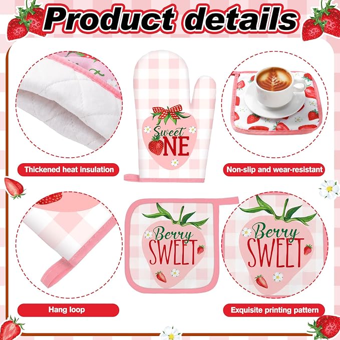 Fourluoo 10 Pcs Strawberry Kitchen Decor Sets 4 Pink Plaid Kitchen Dish Towels 2 Cute Pot Holders 2 Oven Mitts Glove 2 Summer Non Slip Rugs and Mats for Floor Home Decorations Accessories Mom Gift