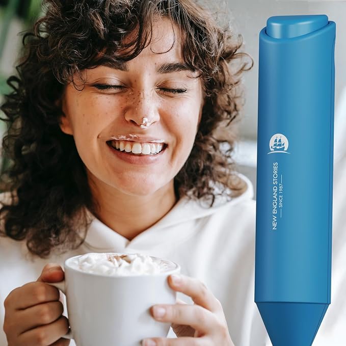 England Stories Electric Milk Frother Handheld, Battery Operated Whisk Beater Foam Maker for Coffee, Cappuccino, Latte, Matcha, Hot Chocolate, Mini Drink Mixer, No Stand, Metal Blue