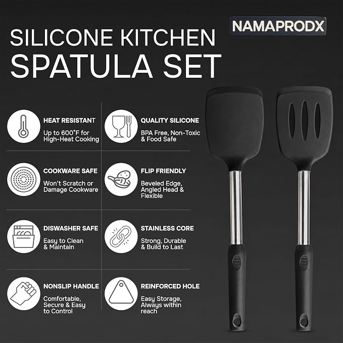 Silicone Spatula Set (2-Pc) - 600°F Heat Resistant, BPA-Free, Non-Scratch, Dishwasher Safe I Slotted & Solid Kitchen Spatula Turner I Ideal for Eggs, Pancakes, Fish I Stainless Steel I Black