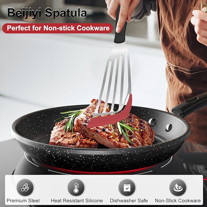 Beijiyi 2-Piece Silicone Fish Spatula for Nonstick Cookware, Heat Resistant | BPA Free, Flexible & Thin Edge, Scratch-Free, Slotted Turner, Kitchen Use, Cooking Flipper for Egg, Pancake, Dishwasher Safe
