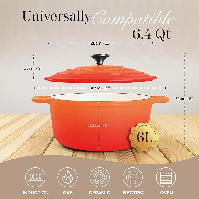 Nuovva Enamelled Cast Iron Dutch Oven Pot with Lid-6.4 Quart Non Stick Casserole Pot-Heavy Duty & Oven Safe up to 500° F for Bread Baking, Braising, Stews, Roasting - 28cm Orange