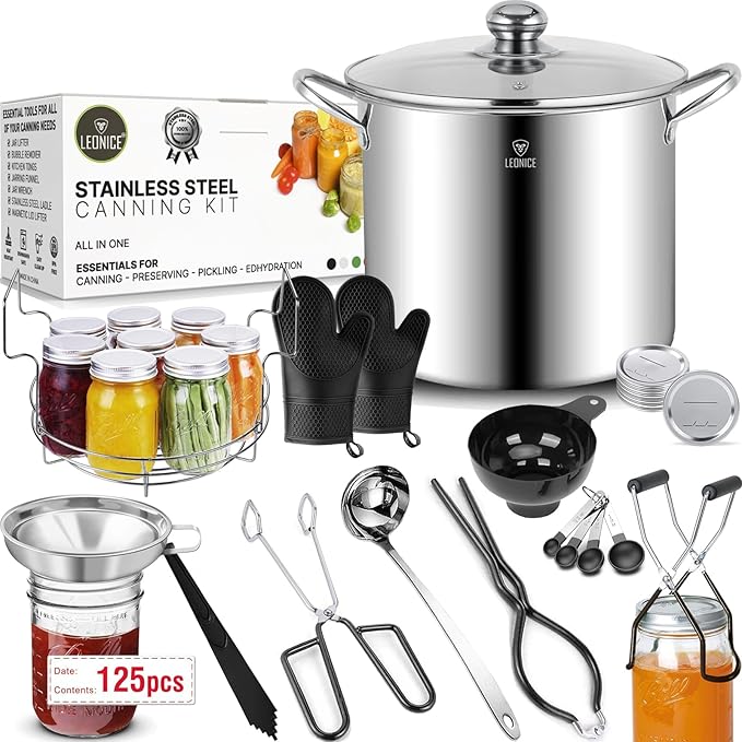 LEONICE Canning Supplies Starter Kit,Water Bath Canning Pot with Rack & Lid | Food-Grade Stainless Steel Canner Kit,3-PLY Bottom 20.5Qt Canner Compatible with All Stovetops,Canning Starter Kit Full Set