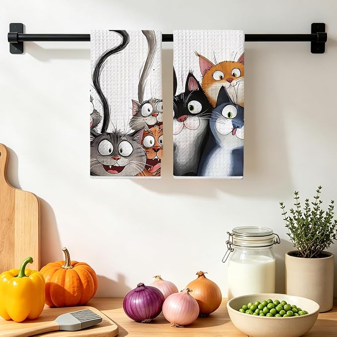 Jztco 2 Pcs Cute Cat Kitchen Towels, Cats Soft Absorbent Hand Tea Towels | Cat Lover Gifts for Women Mom Microfiber Dish Cloths for Drying Dishes, Waffle Dish Towels for Kitchen Home Bathroom Decor
