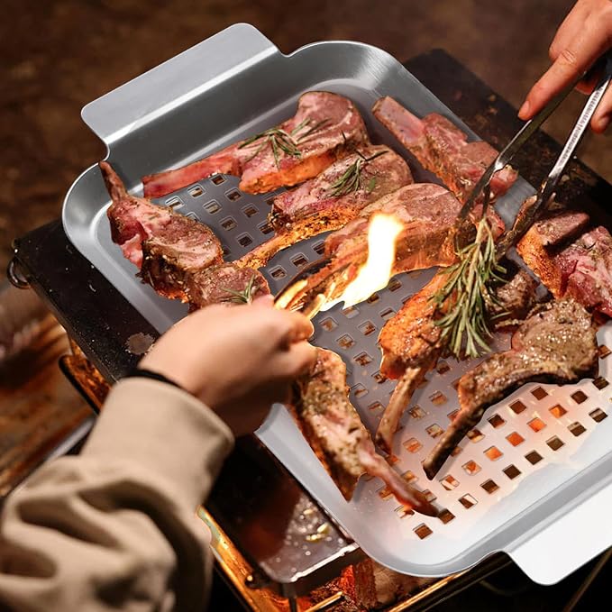 Grill Pan Set of 2, BBQ Grill Topper for Outdoor Grill, Middle | Stainless Steel Grilling Baskets with Holes and Handles, Perforated Food Tray Barbecue Accessories for Vegetable, Fish