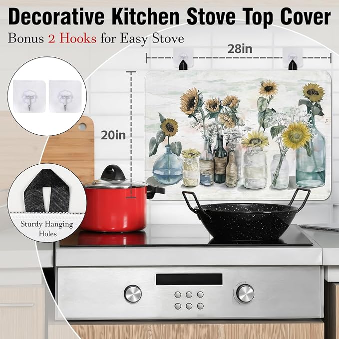 Sunflower Stove Top Cover for Electric Stoves,Spring Summer Floral Colorful Farmhouse Stove Top Cover Heat Resistant Cooktop Protector Non-Slip Washable Dish Drying Mat for Kitchen Decor 28"x20"
