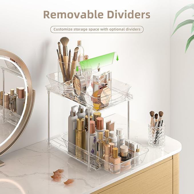 2-Pack 2-Tier Under Sink Organizer with Pull Out Drawers | Multi-use kitchen & bathroom storage. Includes hanging hooks and cups. transparent, space-saving cabinet design. 12.8 Inch