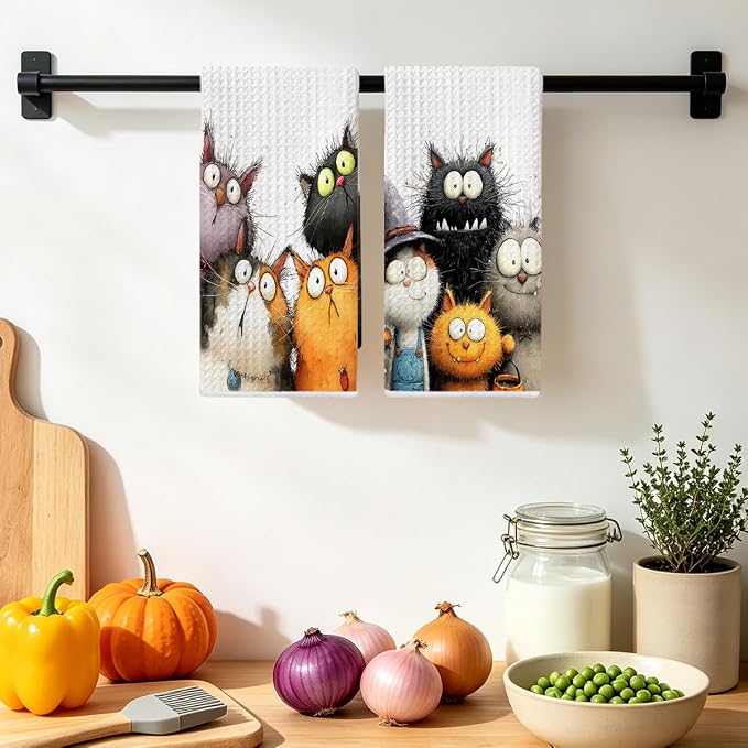 2 Pcs Cute Cat Kitchen Towels, Funny Cats Gifts Absorbent Hand Towels-06 | Cat Dish Cloths for Drying Dishes, Cats Waffle Dish Towels for Kitchen Home Bathroom Decor, Cat Lover Gifts for Women Mom
