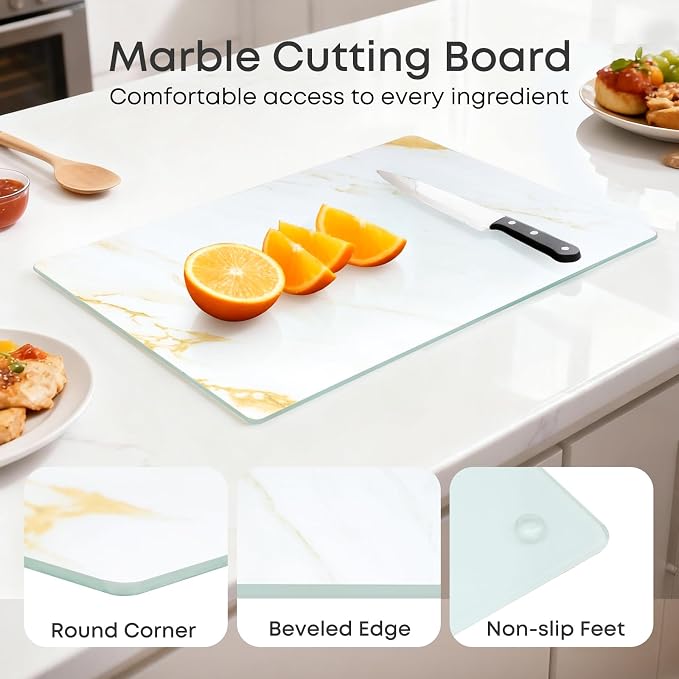 Murrey Home Glass Cutting Board for Kitchen Counter, Tempered Glass Chopping Boards Dishwasher Safe, Small Clear Countertop Tray, Scratch Resistant, Heat Resistant, Non Toxic, Gold Marble, 12"x8"