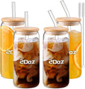 DWTS DANWEITESI Glass Cups “20oz”,Glass Cups with Lids and Straws 4 pcs-Coffee Cups,Drinking Glasses Set,Glass Tumbler with Straw and Lid Gift 2 Cleaning Brushes 600ml