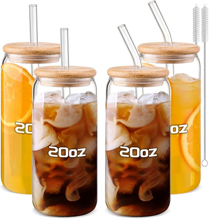 DWTS DANWEITESI Glass Cups “20oz”,Glass Cups with Lids and Straws 4 pcs-Coffee Cups,Drinking Glasses Set,Glass Tumbler with Straw and Lid Gift 2 Cleaning Brushes 600ml