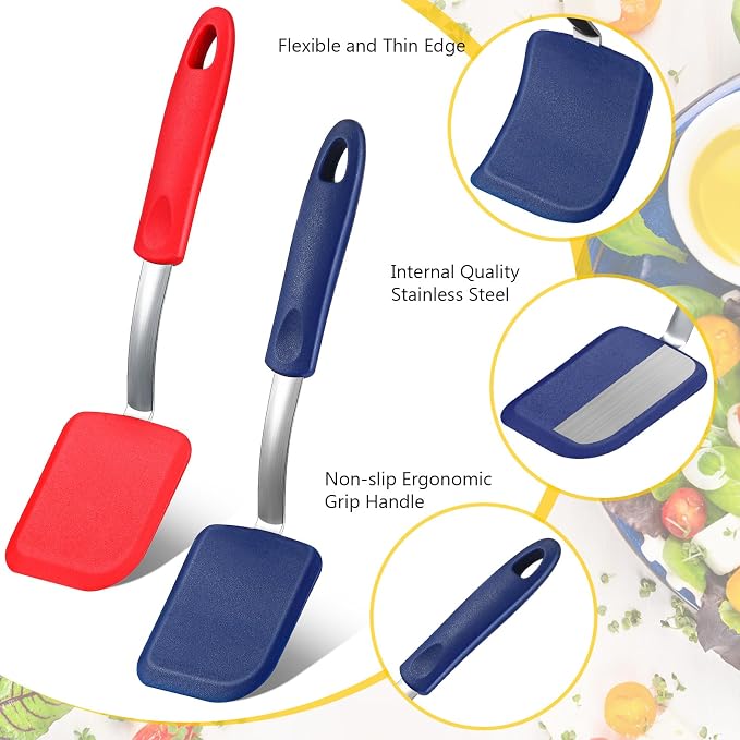 Silicone Cookie Spatula Turner 2 Pack Mini Brownie Spatula Flexible Kitchen Small Silicone Turner for Nonstick Cookware Heat Resistant No Scratch Flipper for Egg(Solid Flat,Red,Blue)