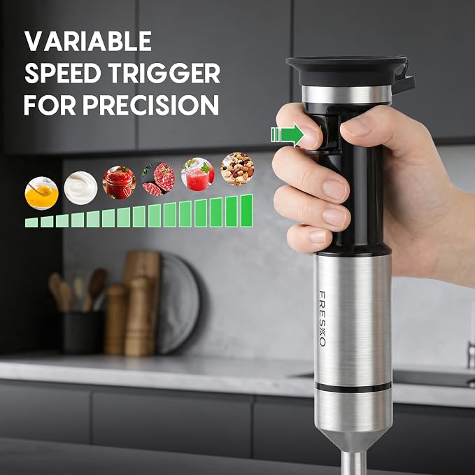 FRESKO Variable Speed Trigger Immersion Blender Handheld with 24oz Beaker | Stick Blender with Anti-Scratch Stainless Steel Shaft, Ergonomic Handle Hand Mixer for Smoothies, Soups & Sauces
