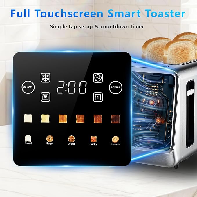 SAKAMOSH 4 Slice Long Slot Touch Screen Toaster, Stainless Steel | Wide Slots Fit Thick Bread & Bagels, 6 Browning Levels, Defrost & Reheat, Removable Crumb Tray, Great for Family Breakfast