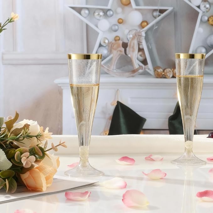 Bestluck 100 Pack 4.5 oz Gold Glitter Champagne Flutes Plastic | Plastic Disposable Stemware with Gold Rim, Disposable Champagne Flutes for Party, Mimosa Bar, Wedding, Anniversary