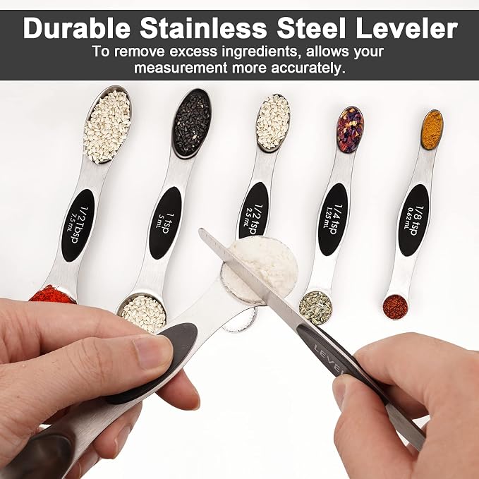 Aovchei 7 PCS Black Magnetic Measuring Spoons Set | Dual Sided, Stainless Steel Small Tablespoon, Teaspoons, Fits in Spice Jars, for Dry and Liquid