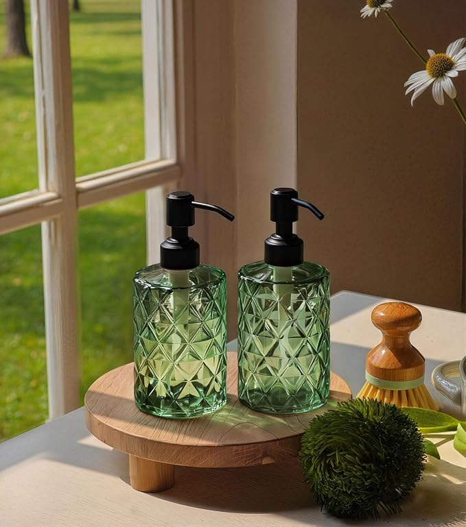 JASAI Forest Green Glass Soap Dispenser with Black Rustproof Pump | Refillable Small Soap Dispenser for Kitchen and Bathroom.
