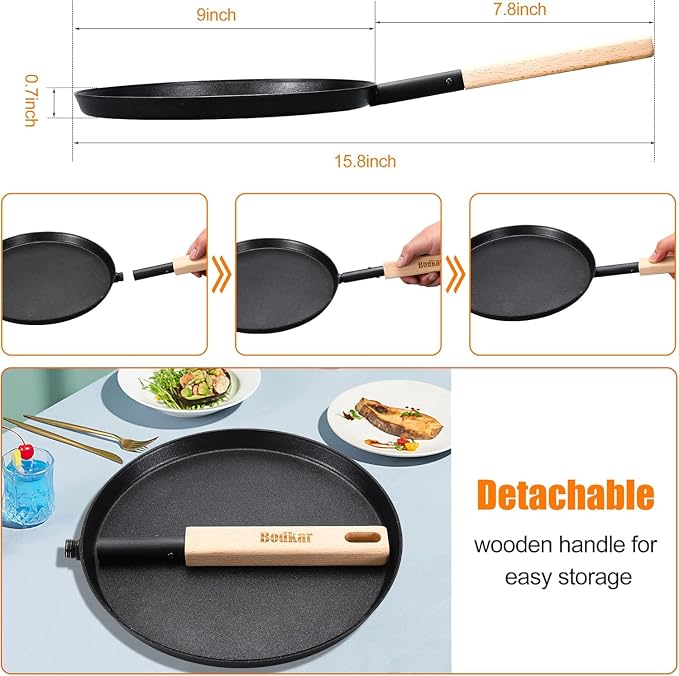 bodkar Frying Pan Skillet Pre-Seasoned 8-inch Flat Griddle Pan | Lightweight Grill Pan with Wooden Handle for Camping Indoor Outdoor Cooking (Beige, 8 inch)
