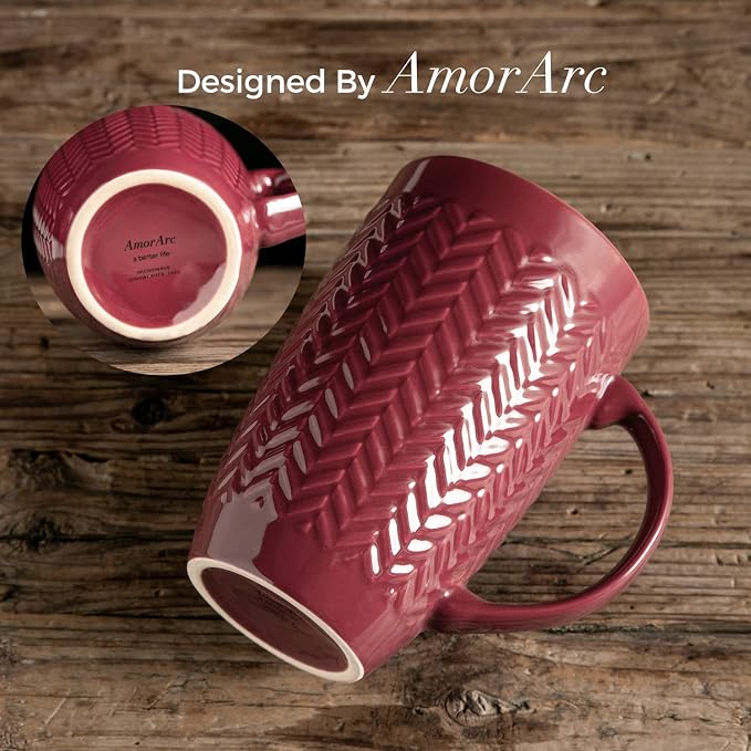 AmorArc 20 oz Large Coffee Mugs Set of 6, Red Ceramic Tall Coffee Cups | 3 Assorted Designs, Embossed Ceramic Coffee Mugs with Large Handle for Coffee/Tea/Cappuccino, Dishwasher&Microwave Safe