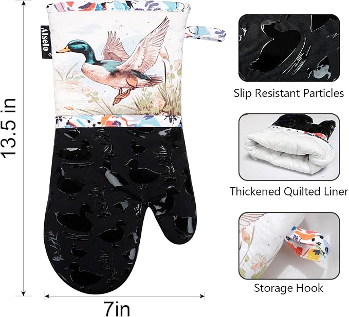 Alselo Oven Mitts 1 Pair, Silicone Printed Kitchen Mittens,7"x13.5" | Heat Resistant & Non-Slip Oven Gloves, Fashion Animal Design with Soft Quilted Cotton Lining for Baking Cooking (Darkgray2)