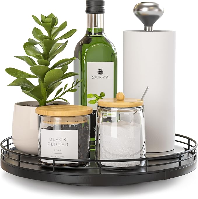 Oroyutor 10-Inch Oak Lazy Susan Countertop Organizer with Black Metal Rail | Rotating oak tray organizes spices, toiletries and decor on kitchen counters, bathroom vanities, dining and coffee tables.