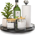 Oroyutor 10-Inch Oak Lazy Susan Countertop Organizer with Black Metal Rail | Rotating oak tray organizes spices, toiletries and decor on kitchen counters, bathroom vanities, dining and coffee tables.