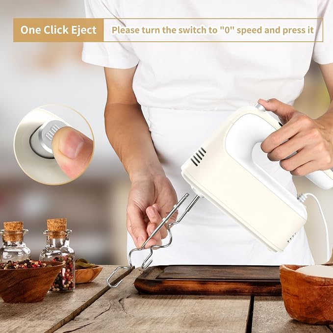 Yomelo 9-Speed Digital Hand Mixer Electric, 400W Powerful DC Motor, Hand Mixer Electric Handheld with Snap-On Storage Case, 5 Stainless Steel Accessories, Beaters, Dough Hooks, Whisk(Cream White)