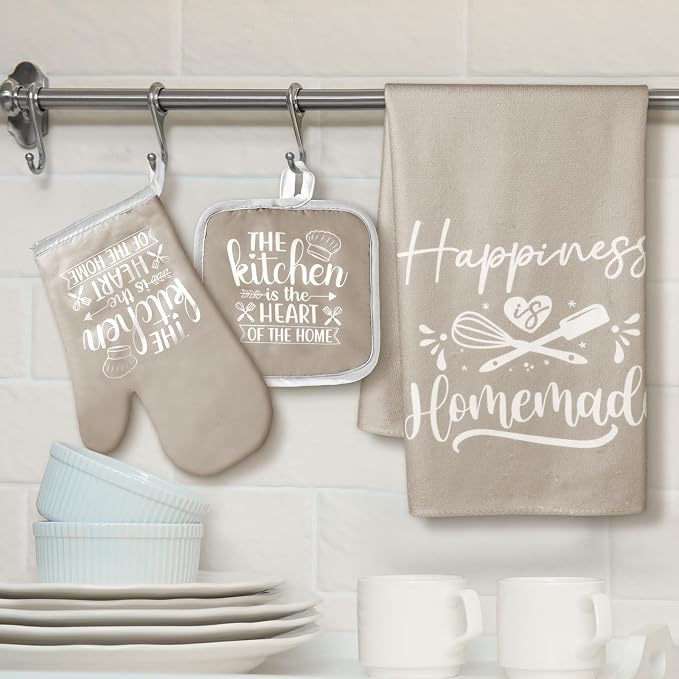 Sratte 6 Pcs Kitchen Decor Accessories Set, Kitchen, Beige | Farmhouse Kitchen Towels Pot Holders Oven Mitts Set 2 Dish Towels 2 Potholders 2 Cooking Mittens for Baking Cooking Supply