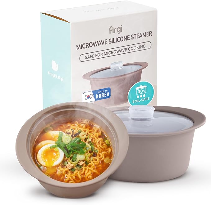 27oz Platinum Silicone Microwave Steamer Pot with Handle & Lid - Korean 100% Food-Grade Steamer Bowl, Heat-Resistant Cooker with Steam Holes, Easy Clean, Dishwasher Safe, Taupe Brown