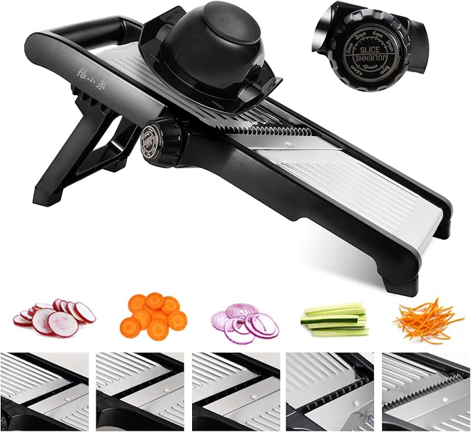 Adjustable Mandoline Slicer 5-in-1 Stainless Steel Vegetable Cutter with Ultra Sharp Blades, Julienne Slicer & Shredder for Potato, Onion