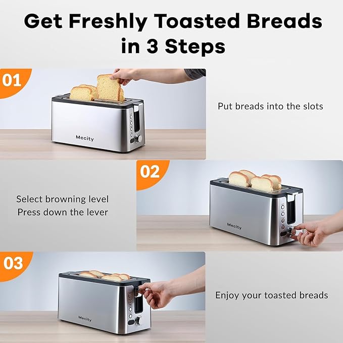 Mecity 4 Slice Toaster, Long Slot Toaster With Countdown Timer, Bagel/Defrost/Reheat/Cancel Functions,Warming Rack, Removable Tray, 6 Browning Settings, Extra Wide Slots, Stainless Steel, 1300W