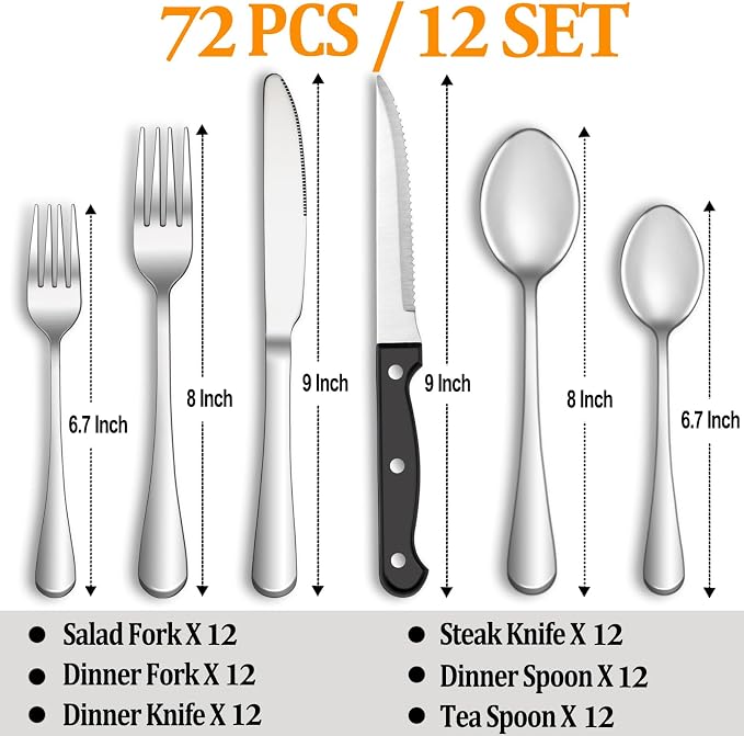 72 Pcs Silverware Set with Steak Knives for 12, Stainless Steel Flatware Set, Mirror Polished Cutlery Utensil Sets, Home Kitchen Eating Tableware Sets, Dishwasher Safe
