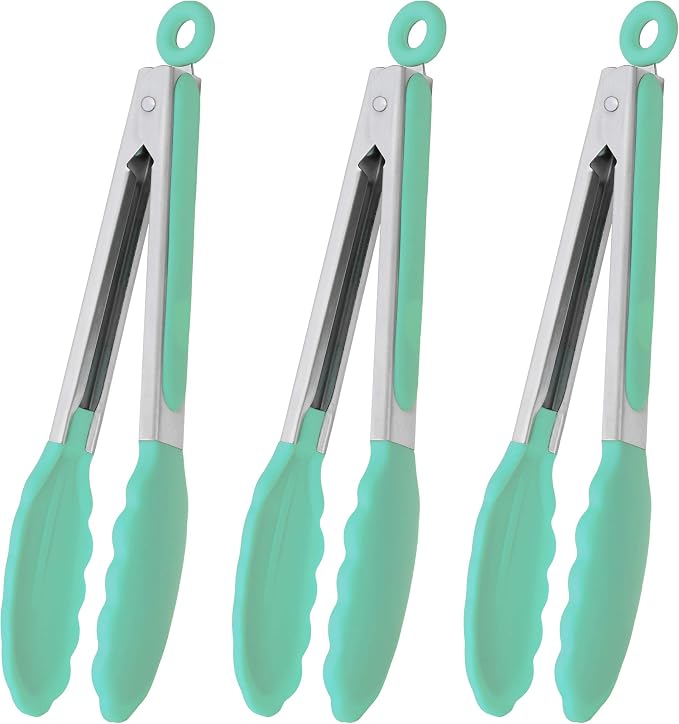 HINMAY 9" Kitchen Cooking Tongs with Silicone Tips, Set of 3 (Mint)