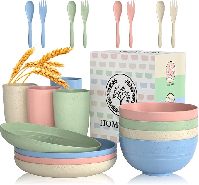 Wheat Straw Dinnerware Sets 20 PCS Cups and Plates Sets for Kitchen Microwave and Dishwasher Safe Plate Set Unbreakable Camping Dish Set Kids Plates and Bowls Sets for Picnic, RV (Multilight)