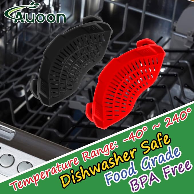 AUOON Clip On Pot Strainer Silicone, Standard 8.86 x 3.55in, Gray | BPA-free, Fits All Pots Pans Bowls, Dishwasher Safe, for Pasta Noodles Vegetable Fruits, Space-saving Kitchen Gadget