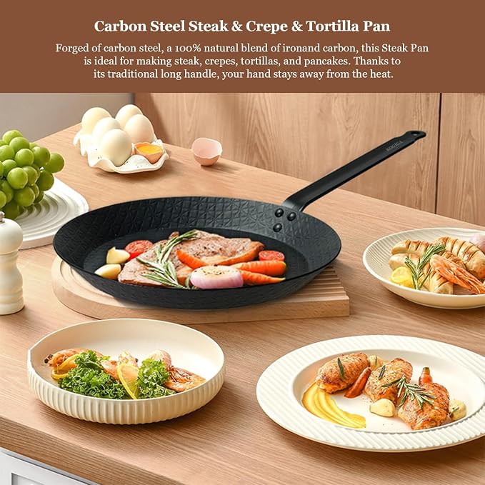 11 Inch Pre-Seasoned Carbon Steel Frying Pan, Naturally Non-Coated Skillet with Grooved Texture for Steak, Stir Fry, Tortilla, Crepe, All Stoves Compatible