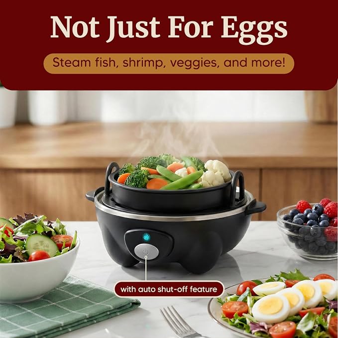Elite Gourmet EGC-007B Rapid Egg Cooker, 7-Egg Poacher/Omelet Maker, Black | Easy-to-peel hard, medium, or soft-boiled eggs - auto shut-off, alarm, 16-recipe booklet included