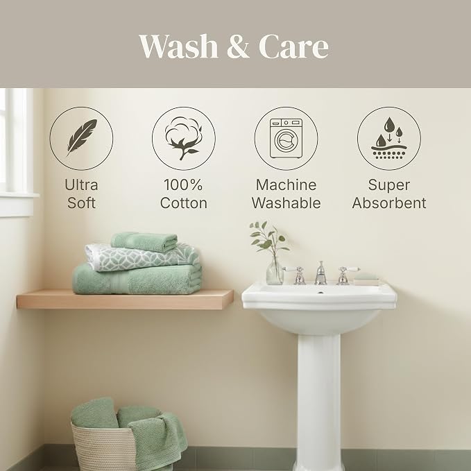 Modern Threads 6 Piece Bath Towel Set – Bathroom Set with 2 Bath Towels, 2 Hand Towels, and 2 Wash Cloths – 100% Cotton, Super Absorbent & Extra Soft – Reversible Botanical Vine (Sage Green)