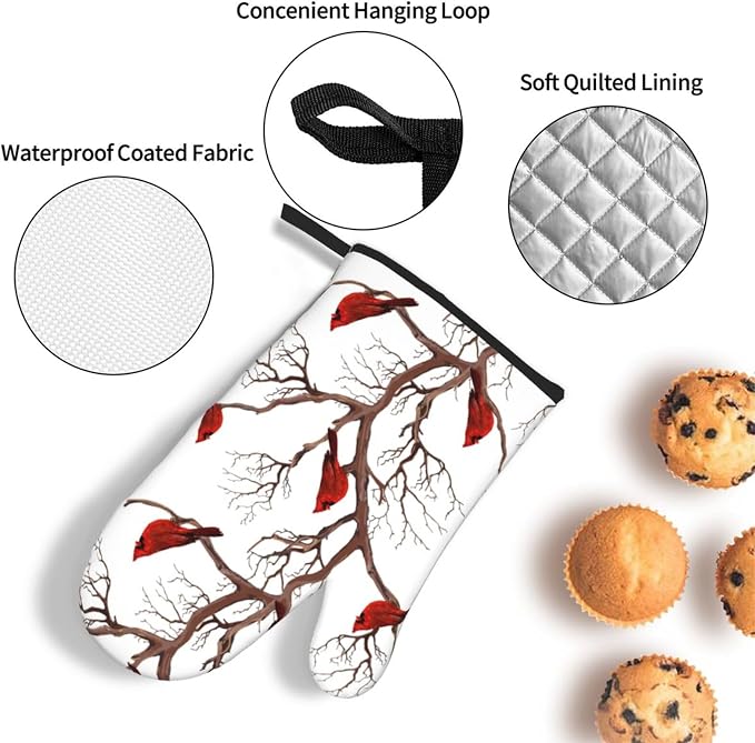 Winter Cardinal Birds Oven Mitts and Pot Holders Sets of 3 Hot Pads | Heat Resistant Washable Oven Gloves for Cooking Grilling Baking Christmas Holiday Kitchen Decor Cardinal Gifts for Women
