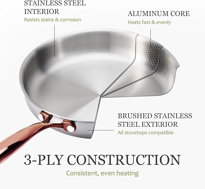 CAROTE 10" Tri-Ply Stainless Steel Deep Frying Pan with Lid, Non-Toxic Saute Pan, Oven Safe, Induction, Ceramic and Gas Cooktops Compatible, Silver