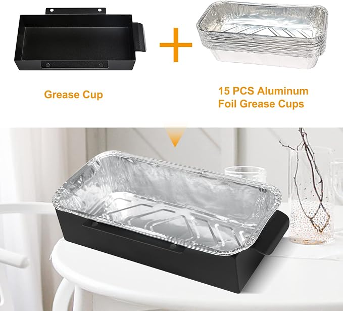 Grease Cup Drip Pan, Charbroil Replacement, Black Steel | Compatible with Charbroil 9328812P06 and G416-0015-W1, includes 15 aluminum foil cups, powder-coated steel with clip design