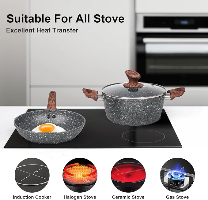 M MELENTA Pots and Pans Set Non Stick, 11-Piece Grey Granite Cookware Set | Compact Nonstick Cooking Set, Induction Cookware Set, PFOA Free, Easy Food Release, Easy to Clean