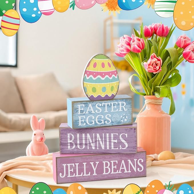 Lineshading 4 Pcs Easter Block Signs, Farmhouse Tiered Tray Decor Wooden | Rustic Blocks with Easter Eggs Bunnies Jelly Beans Text, Colorful Egg Topper, Spring Tabletop Shelf Mantel Gift