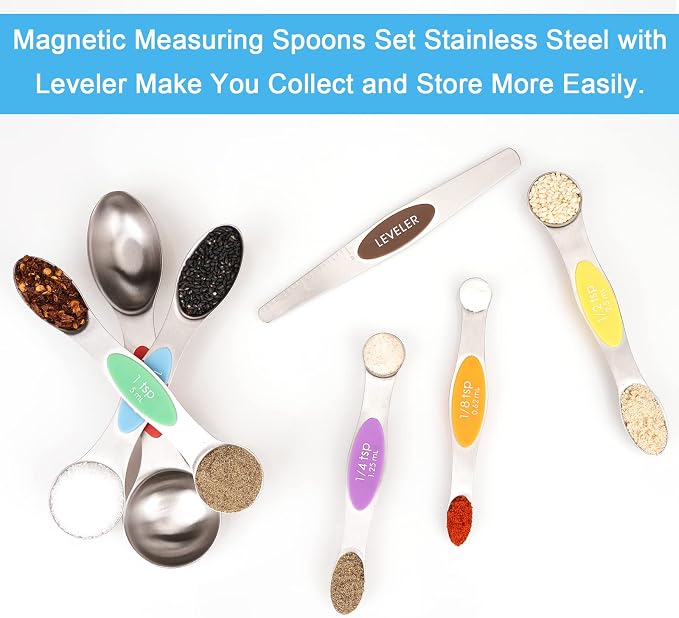 Aovchei 7 PCS MultiColor Magnetic Measuring Spoons Set | Dual Sided, Stainless Steel Small Tablespoon, Teaspoons, Fits in Spice Jars, for Dry and Liquid,