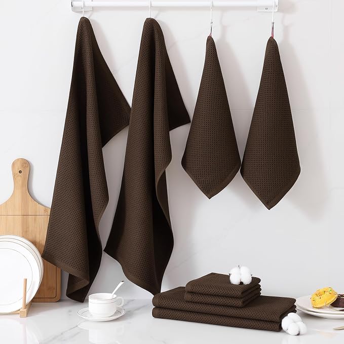 Homaxy 8 Pack 100% Cotton Kitchen Towels and Dishcloths Set, Dark Brown | 12 x 12 Inches and 13 x 28 Inches Kitchen Towels Set, Ultra Soft Absorbent Dish Cloths for Washing Dishes