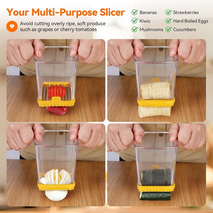 Strawberry Slicer Cup, Fruit Cutter, Quick-Slice, Meal Prep, Yellow | Dual-Function Base, Easy-Clean & Storable – 304 Stainless Steel Blade – Quick & Safe Slicing Kitchen Gadget